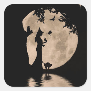 Sticker Carré Halloween Jolie Sorcière et familiers Chat Hibou C