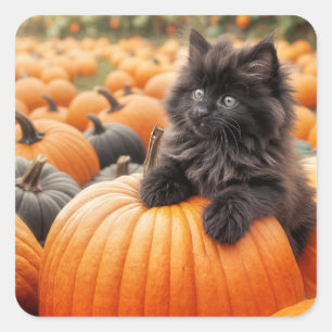 Sticker Carré Halloween Kitten noir sur un Citrouille