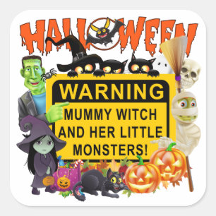 Sticker Carré Halloween, La Sorcière De Maman Et Ses Petits Mons