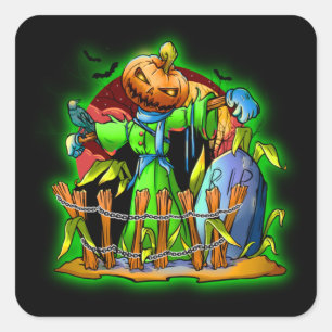 Sticker Carré Halloween Lady Scarecrow Citrouille Head RIP Bats