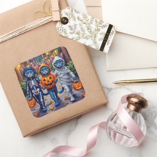 Sticker Carré Halloween Orientale Bleue Chats Trick-or-Treating (Cadeaux)