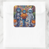 Sticker Carré Halloween Orientale Bleue Chats Trick-or-Treating (Sac)