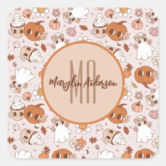 STICKER CARRÉ HALLOWEEN RETRO CITROUILLES SUPER ET GHOSTS (Devant)