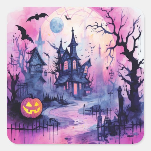 Sticker Carré Halloween Scène Haunted House (1) (Devant)