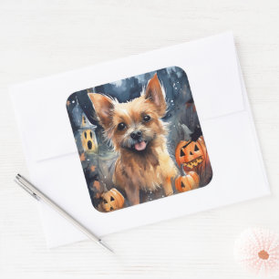 Sticker Carré Halloween Terrier Australien Avec Peur Citrouille