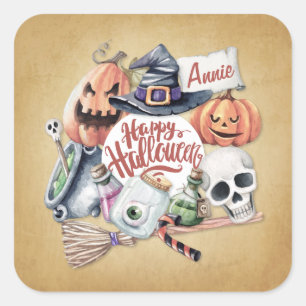Sticker Carré Halloween Vintage heureux personnalisé Autocolla