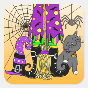Sticker Carré Halloween Witch, Chat, Araignée et Broomstick