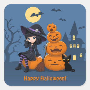 Sticker Carré Halloween Witch, Chat noir et Citrouille