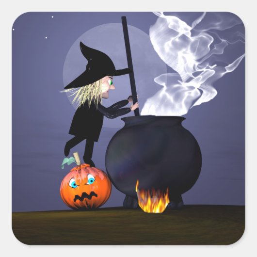 Sticker Carré Halloween Witch et Cauldron (Devant)