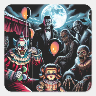 Sticker Carré Halloween Zombie, Clown, Vamp et poupée hantée