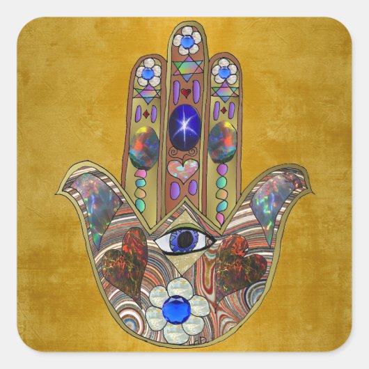 Sticker Carré Hamsa Coeurs Fleurs Opal Art sur Or (Devant)