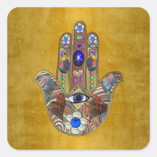 Sticker Carré Hamsa Cœurs Fleurs Opale Art sur Or