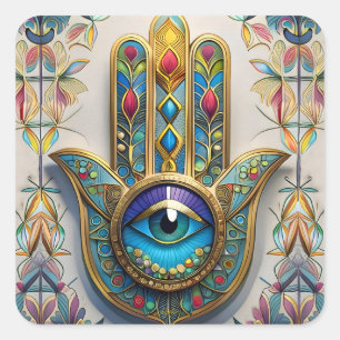 Sticker Carré Hamsa du Troisième Œil en Filigrane Coloré Or Bleu