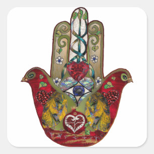 Sticker Carré Hamsa Rouge Oiseau Cœur Grenade Rubis