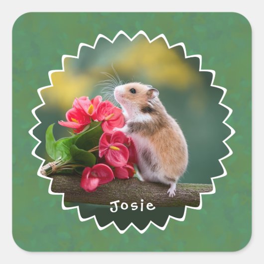 Sticker Carré Hamster adorable avec Bouquet Rouge Arthurium (Devant)