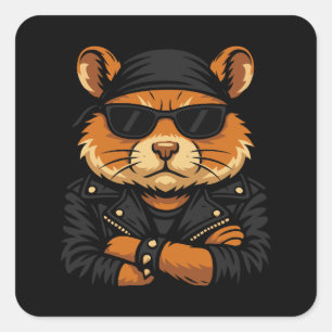 Sticker Carré Hamster Biker Rider Veste en cuir Attitude