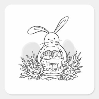 Sticker Carré Hand Drawn Easter Bunny Coloring Style Spring