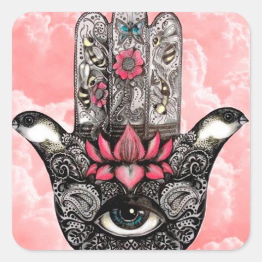 Sticker Carré Hand of Fatima with Lotus Flower and All-Seeing Ey (Devant)
