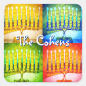 Sticker Carré Hanoukka 4 Menorah jaune bleu vert rouge gras Nom (Devant)