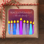 Sticker Carré Hanoukka Bougies Boho Bleu Rouge Paix Amour Lumièr<br><div class="desc">"Paix, amour et lumière." Une illustration ludique, moderne et artistique de bougies motifs de saumons vous aide à inaugurer les vacances de Hanoukka. Des bougies bleues assorties de motifs de fausse feuille colorés recouvrent un arrière - plan à la texture orange vif et riche. Sentez la chaleur et la joie...</div>