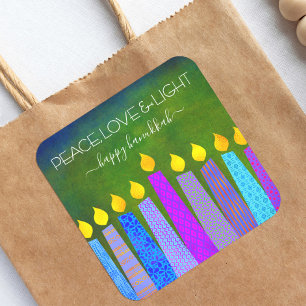 Sticker Carré Hanoukka Peace Love Light, Blue Boho Candles Green