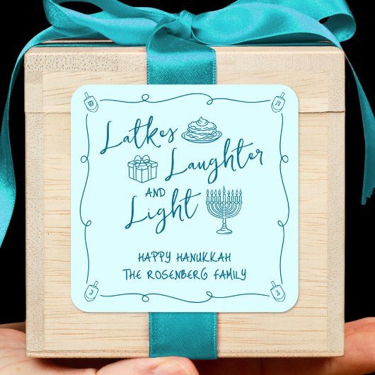 Sticker Carré Hanukkah Latkes Laughter Light Teal Hand Drawn Fun