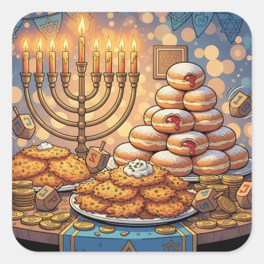 Sticker Carré Hanukkah Potato Pancakes, Menorah and Jelly Rolls (Devant)