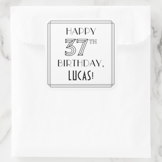 Sticker Carré HAPPY 37E ANNIVERSAIRE, Style Art Déco, Nom person (Sac)