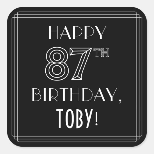 Sticker Carré HAPPY 87E ANNIVERSAIRE ; Style Art Déco ; Nom pers (Devant)