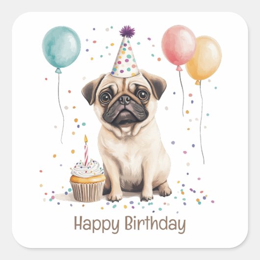 Sticker Carré Happy Birthday Pug Dog (Devant)