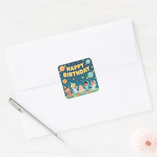 Sticker Carré Happy birthday space theme (Enveloppe)