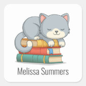 Sticker Carré Happy Cat Book Stack Custom Name Bookplate (Devant)