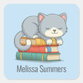 Sticker Carré Happy Cat Book Stack Custom Name Bookplate Blue (Devant)