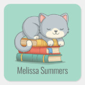 Sticker Carré Happy Cat Book Stack Custom Name Bookplate Green (Devant)