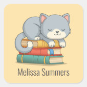 Sticker Carré Happy Cat Book Stack Custom Name Bookplate Yellow (Devant)
