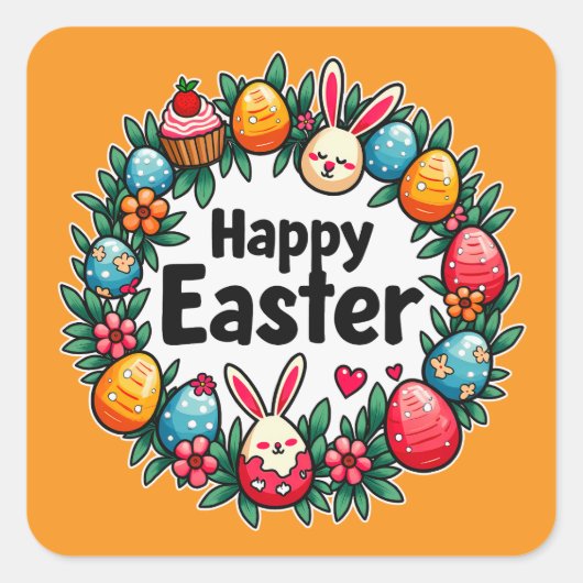 Sticker Carré Happy Easter – Bunny & Eggs - Autocolante (Devant)