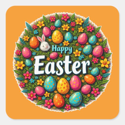 Sticker Carré Happy Easter – Colorful Egg Wreath Autocolante (Devant)