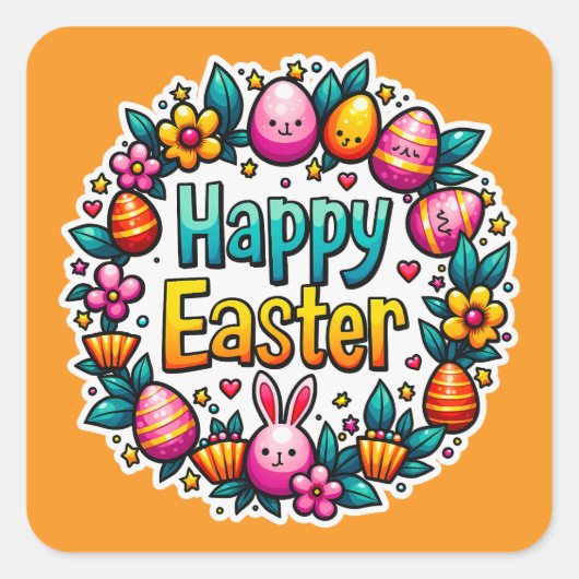 Sticker Carré Happy Easter – Cute Bunny Lettering Autocolante (Devant)