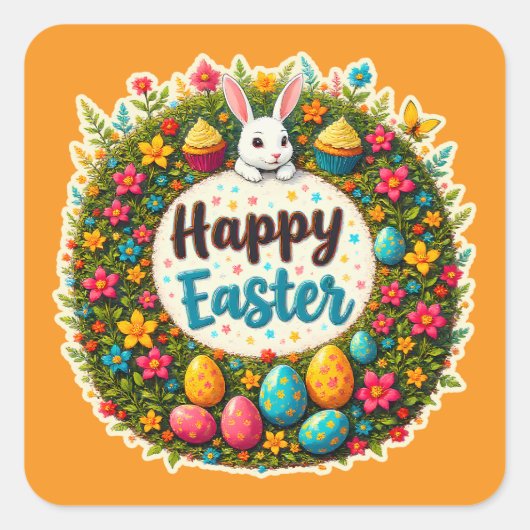 Sticker Carré Happy Easter – Floral Spring Wreath Autocolante (Devant)