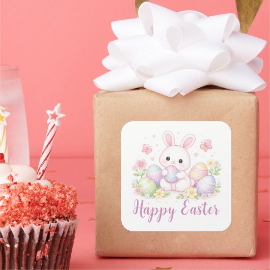 Sticker Carré Happy Easter Spring Design - Cute Easter Bunny  (Fête)