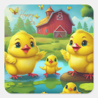 Sticker Carré Happy Easter Yellow Chicks in a Pond by a Red Barn