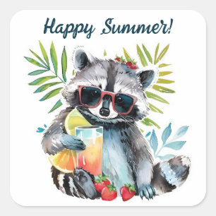 Sticker Carré Happy été raccoon plage chillout