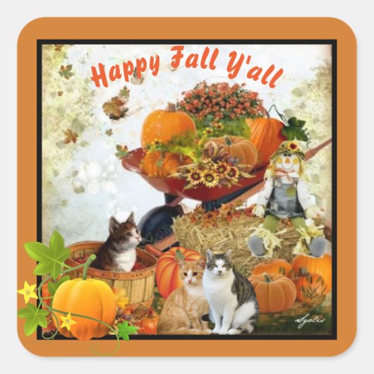 Sticker Carré Happy Fall Y'all Citrouilles et chats saisonnier (Devant)