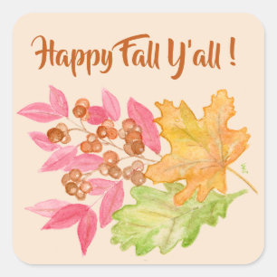 Sticker Carré Happy Fall Y'all Feuilles et Berries Papier