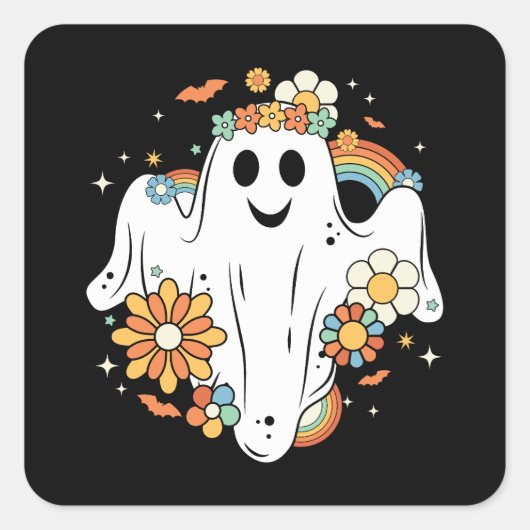 Sticker Carré Happy Ghost Retro Hippie Vibe (Devant)