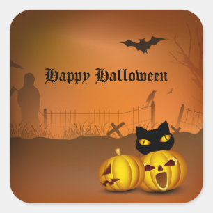 Sticker Carré Happy Halloween Citrouille noir Patch Chat