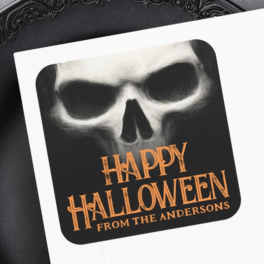 Sticker Carré Happy Halloween déplaisant crâne fantôme noir oran