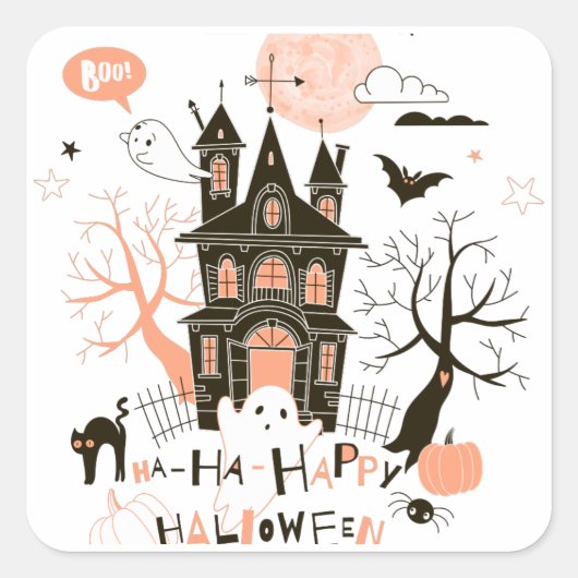 Sticker Carré Happy Halloween Haunted House (Devant)