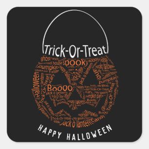 Sticker Carré Happy Halloween Jack-o'-lantern Word Art Orange