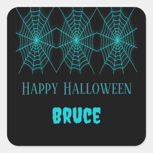 Sticker Carré Happy Halloween neon bleu spiderweb noir (Devant)